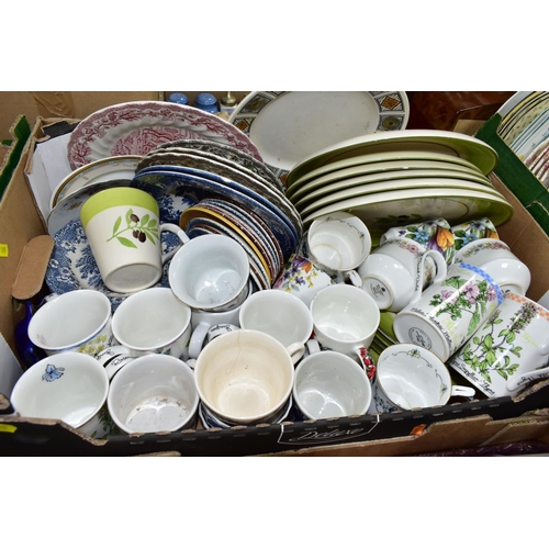 505 - FOUR BOXES OF TEAWARES, to include two Wedgwood 'Weekday Weekend' plates, diameter 26cm, three small... 