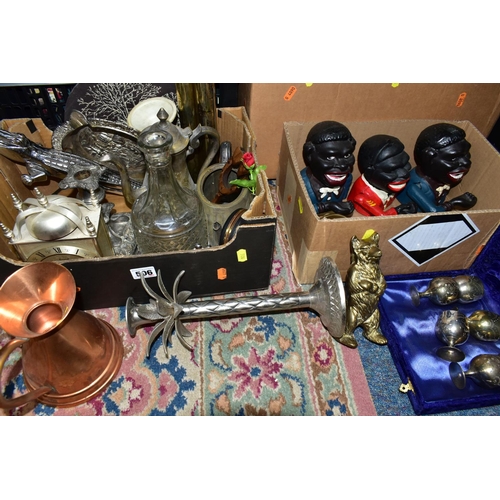 506 - FOUR BOXES OF METALWARE AND HOUSEHOLD SUNDRIES, to include three reproduction money boxes, brass bea... 