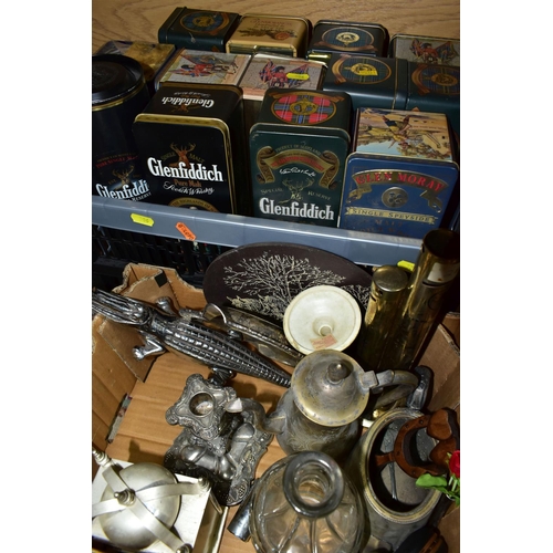 506 - FOUR BOXES OF METALWARE AND HOUSEHOLD SUNDRIES, to include three reproduction money boxes, brass bea... 