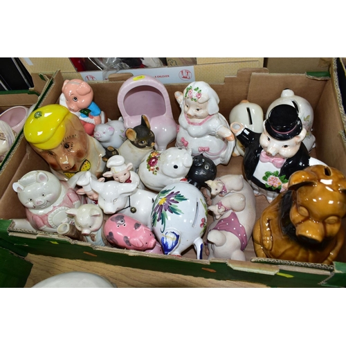 508 - THREE BOXES AND LOOSE CERAMICS , to include approximately thirty ceramic and resin piggy money boxes... 