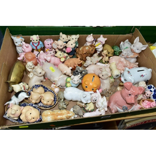 508 - THREE BOXES AND LOOSE CERAMICS , to include approximately thirty ceramic and resin piggy money boxes... 