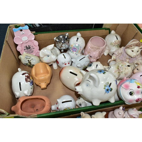 508 - THREE BOXES AND LOOSE CERAMICS , to include approximately thirty ceramic and resin piggy money boxes... 