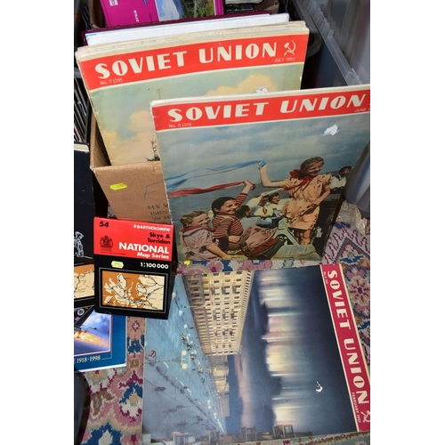 510 - FOUR BOXES OF ASSORTED MAPS,  BOOKS AND MAGAZINES, to  include five Soviet Union illustrated monthly... 