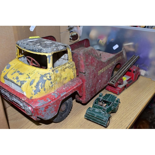 514 - THREE BOXES AND LOOSE SUNDRY ITEMS ETC, to include a distressed Tri-ang pressed steel Ford Thames tr... 