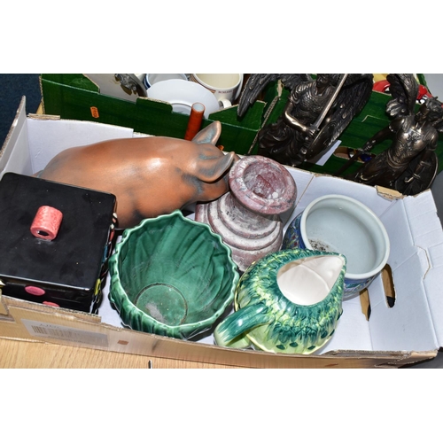 519 - THREE BOXES AND LOOSE CERAMICS AND SUNDRIES, to include a Sylvac dog 1118 and hyacinth planter 2489,... 