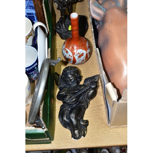 519 - THREE BOXES AND LOOSE CERAMICS AND SUNDRIES, to include a Sylvac dog 1118 and hyacinth planter 2489,... 