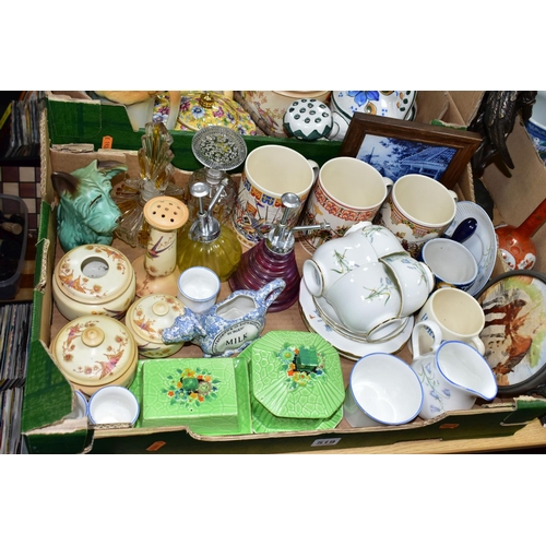 519 - THREE BOXES AND LOOSE CERAMICS AND SUNDRIES, to include a Sylvac dog 1118 and hyacinth planter 2489,... 