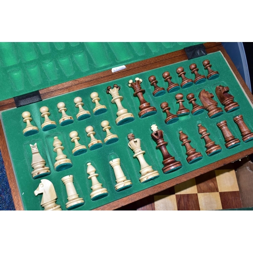 522 - TWO BOXES OF CHESS BOARDS, SET AND PIECES, comprising a folding chess board fitted with wooden piece... 