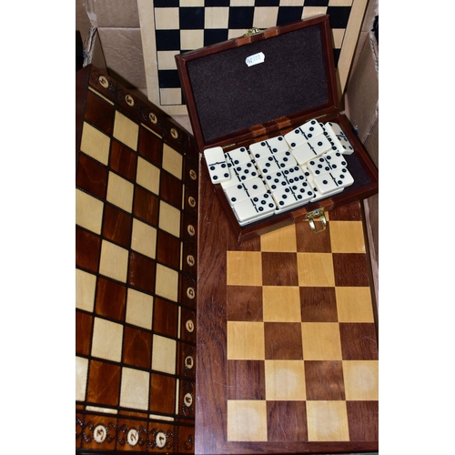 522 - TWO BOXES OF CHESS BOARDS, SET AND PIECES, comprising a folding chess board fitted with wooden piece... 