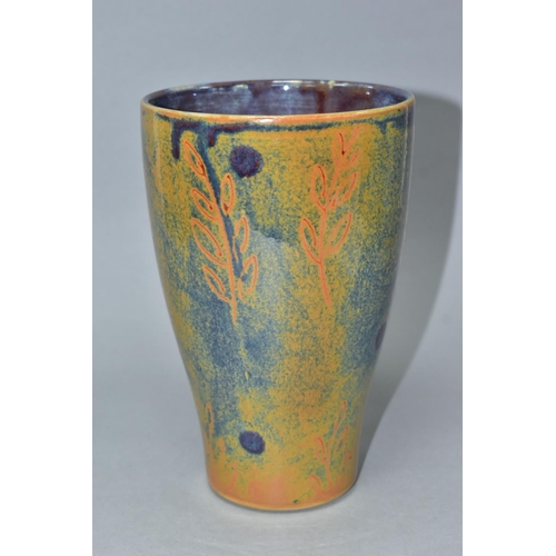 525 - A DARTINGTON POTTERY VASE, in blue/brown Rowan Leaf design, tapering form, height 20cm x diameter 13... 