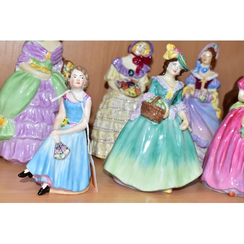 532 - EIGHT COALPORT FIGURINES, comprising early figurines Daisy, Edyth, Lady Rose, Bridesmaid (large chip... 