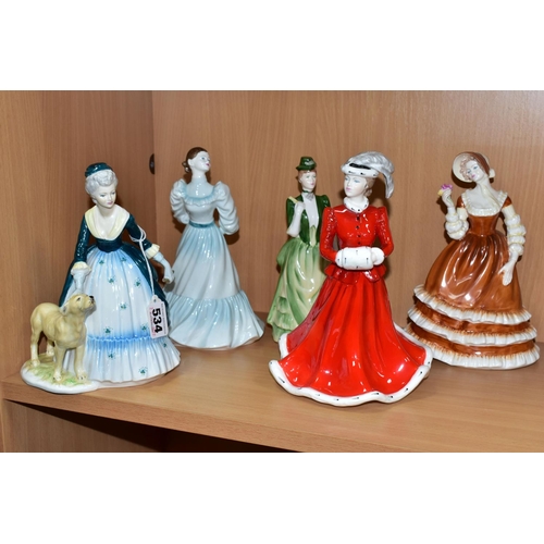 534 - FIVE COALPORT LADIES OF FASHION FIGURINES, comprising Lynne (tiny chip to flower petal), Abigail (cr... 