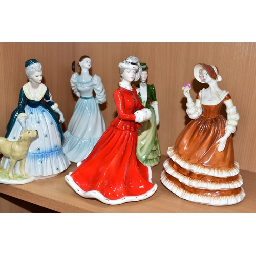 534 - FIVE COALPORT LADIES OF FASHION FIGURINES, comprising Lynne (tiny chip to flower petal), Abigail (cr... 