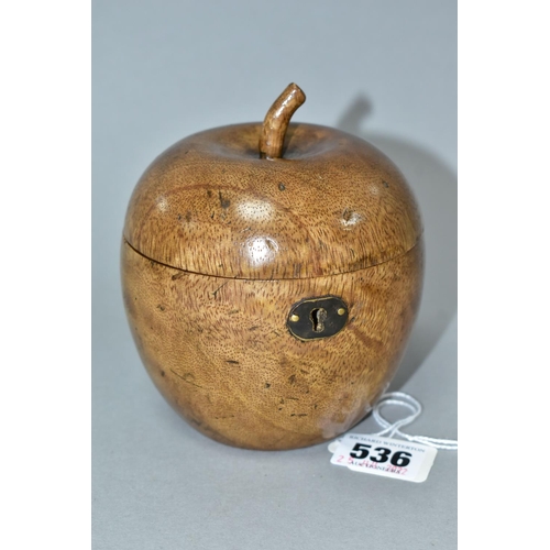 536 - A REPRODUCTION FRUIT WOOD TEA CADDY IN THE FORM OF AN APPLE, hinged, metal lining, brass escutcheon ... 