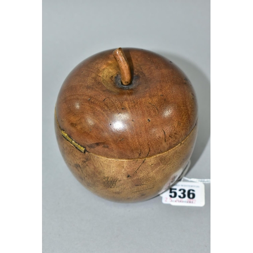 536 - A REPRODUCTION FRUIT WOOD TEA CADDY IN THE FORM OF AN APPLE, hinged, metal lining, brass escutcheon ... 