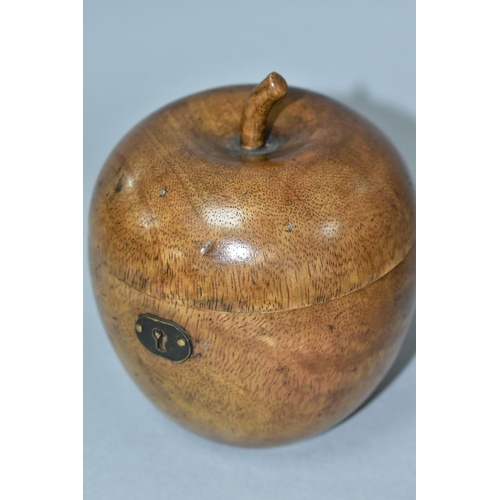 536 - A REPRODUCTION FRUIT WOOD TEA CADDY IN THE FORM OF AN APPLE, hinged, metal lining, brass escutcheon ... 