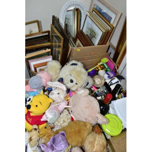 539 - FOUR BOXES AND LOOSE PICTURES, SOFT TOYS AND SUNDRY ITEMS, to include thirty five framed prints, nee... 