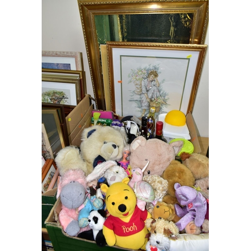 539 - FOUR BOXES AND LOOSE PICTURES, SOFT TOYS AND SUNDRY ITEMS, to include thirty five framed prints, nee... 