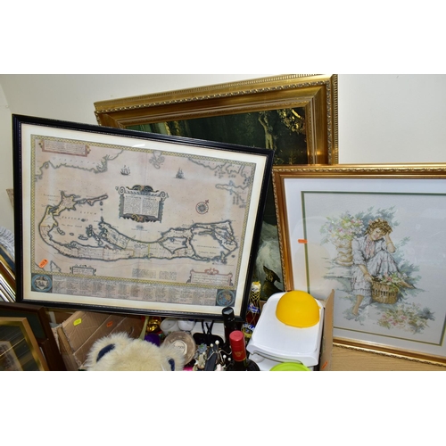 539 - FOUR BOXES AND LOOSE PICTURES, SOFT TOYS AND SUNDRY ITEMS, to include thirty five framed prints, nee... 