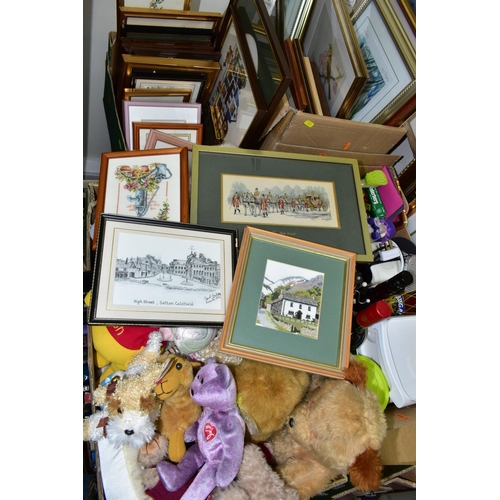 539 - FOUR BOXES AND LOOSE PICTURES, SOFT TOYS AND SUNDRY ITEMS, to include thirty five framed prints, nee... 