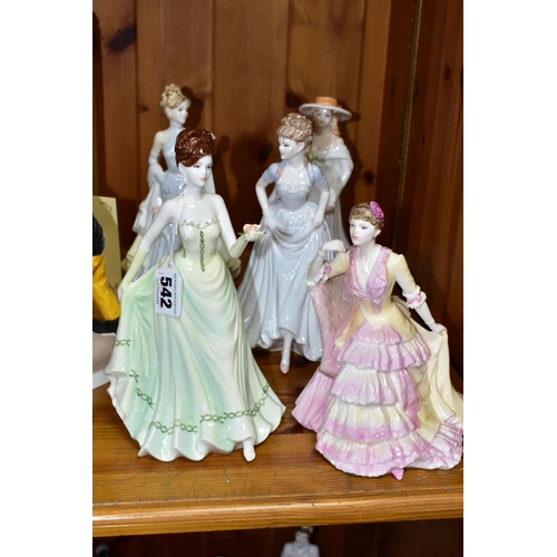 542 - FIVE COALPORT FIGURINES, comprising a version of Joanne (in blue and white dress), a seated lady, tw... 