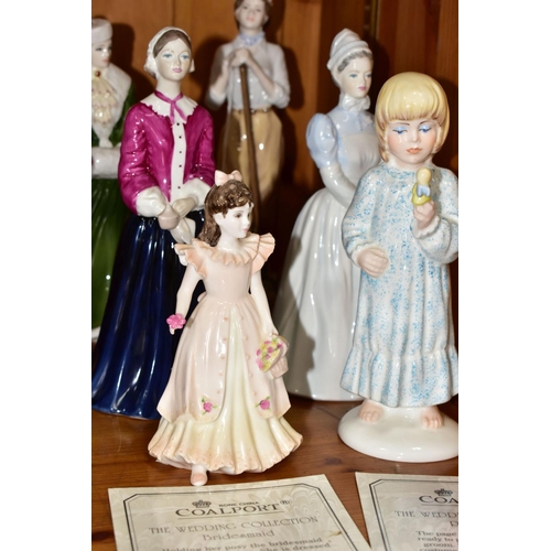 546 - EIGHT COALPORT FIGURINES, comprising limited edition The Wedding Collection Bridesmaid 228/1500 (som... 