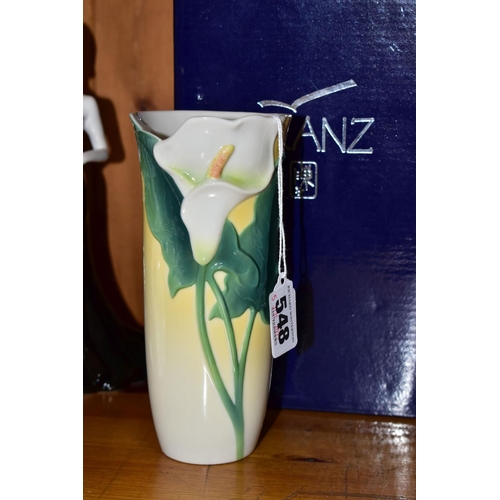 548 - A BOXED FRANZ PORCELAIN VASE, with moulded calla lily, model no FZ00003, height 16.5cm (1) (Conditio... 