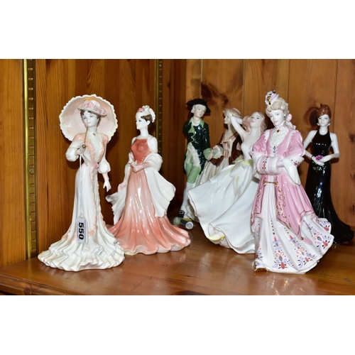 550 - SIX COALPORT FIGURINES/FIGURE GROUP, comprising limited edition Lady Harriet 2857/12500, limited edi... 