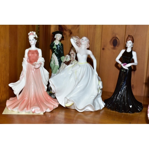 550 - SIX COALPORT FIGURINES/FIGURE GROUP, comprising limited edition Lady Harriet 2857/12500, limited edi... 