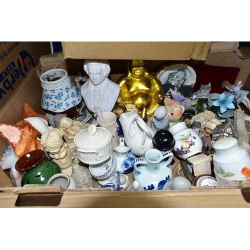 559 - SEVEN BOXES OF CERAMICS, GLASSWARE AND HOUSEHOLD SUNDRIES, including a Poole 'Ice Green' milk jug an... 