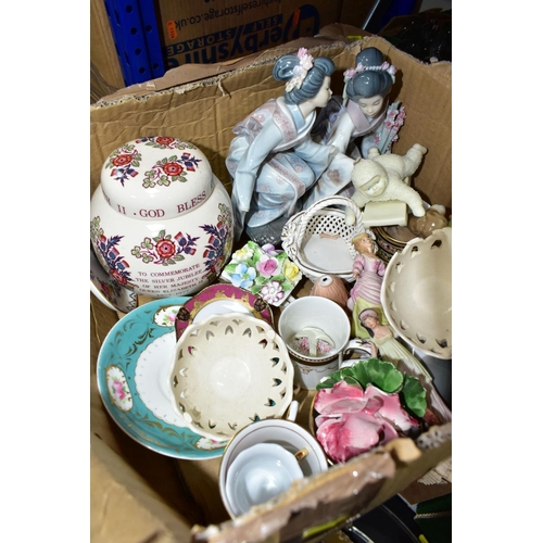 559 - SEVEN BOXES OF CERAMICS, GLASSWARE AND HOUSEHOLD SUNDRIES, including a Poole 'Ice Green' milk jug an... 