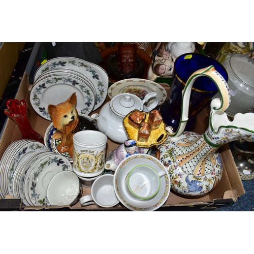 560 - TWO BOXES AND LOOSE CERAMICS, GLASSWARES AND SUNDRY ITEMS, to include a 1930s chalk figure of a youn... 