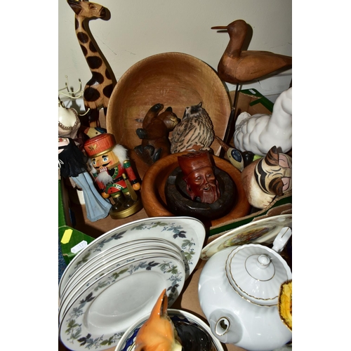 560 - TWO BOXES AND LOOSE CERAMICS, GLASSWARES AND SUNDRY ITEMS, to include a 1930s chalk figure of a youn... 