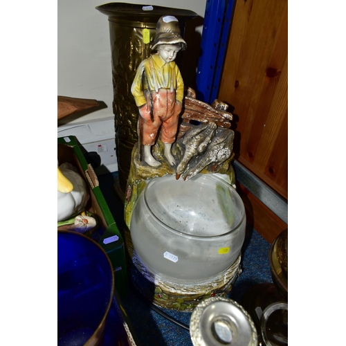 560 - TWO BOXES AND LOOSE CERAMICS, GLASSWARES AND SUNDRY ITEMS, to include a 1930s chalk figure of a youn... 