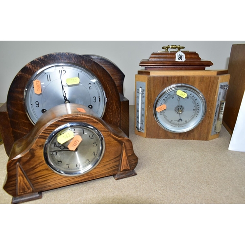 563 - A GROUP OF SIX CLOCKS AND BAROMETER, to include an 'Art Deco' style wooden cased mantel clock, heigh... 