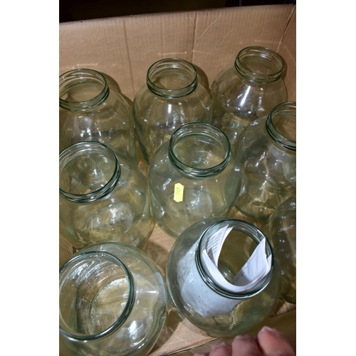 569 - TWO BOXES OF GLASS, METALWARE AND VARIOUS SUNDRY ITEMS, to include fifteen glass half gallon pickle/... 