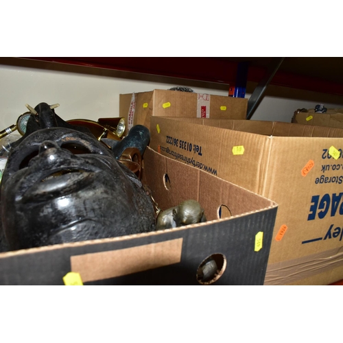 569 - TWO BOXES OF GLASS, METALWARE AND VARIOUS SUNDRY ITEMS, to include fifteen glass half gallon pickle/... 