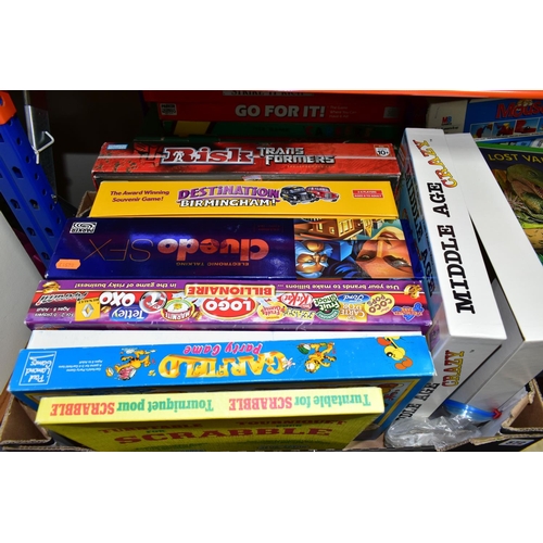 572 - THREE BOXES OF FAMILY BOARD GAMES, to include Waddington's 'Lost Valley of the Dinosaurs', Goldrush,... 