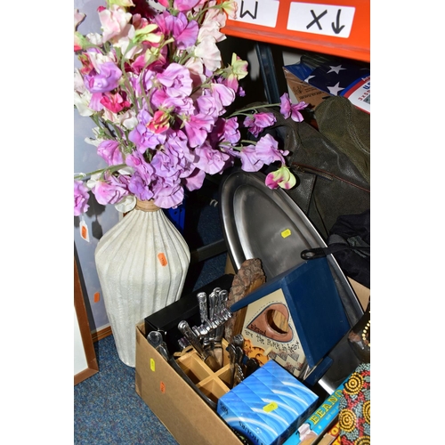 575 - FIVE BOXES OF TEXTILES, BAGS AND BOOKS, to include four late 1970s early 1980s children's annuals, t... 