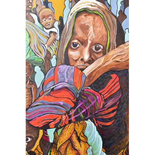 576 - A CONTEMPORARY AFRICAN PAINTING, oil on canvas, height 61cm x width 46cm, depicting men and women, t... 