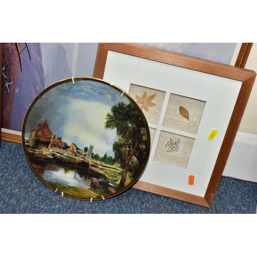 577 - A BAROMETER AND FOUR LOOSE ITEMS, including a collectable wall plate 'Dedham Mill', two framed displ... 