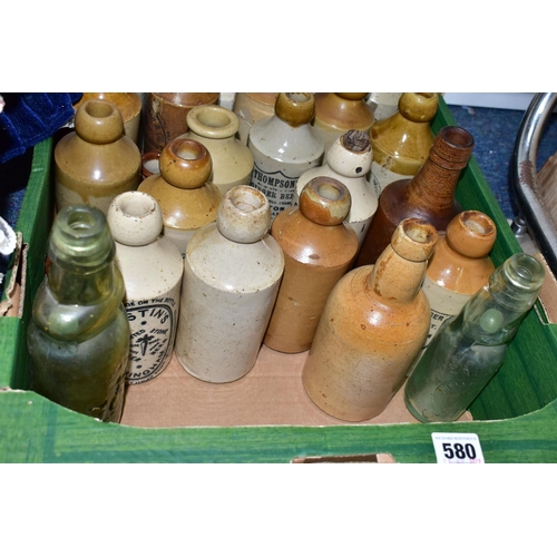 580 - A BOX OF SALT GLAZED DRINKS BOTTLES etc to include Ginger Beer and stone beer bottles by Thompson's,... 