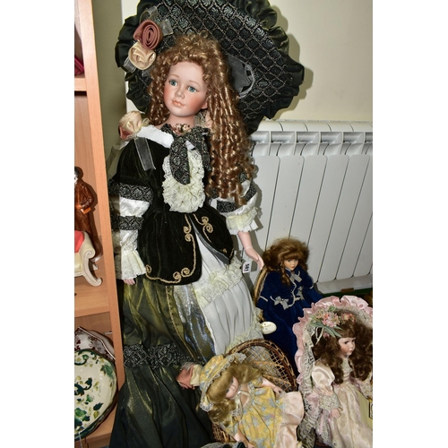 581 - FIVE BISQUE HEAD COLLECTORS DOLLS, comprising a 100cm doll with supporting stand, an Alberon doll 'A... 