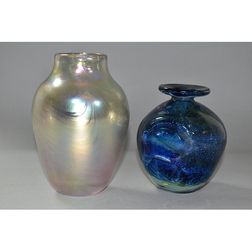 587 - TWO PIECES OF DECORATIVE STUDIO GLASS, comprising a John Ditchfield for Glasform baluster vase, pull... 