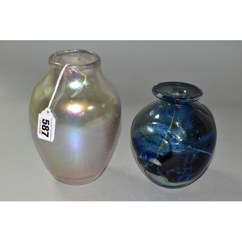 587 - TWO PIECES OF DECORATIVE STUDIO GLASS, comprising a John Ditchfield for Glasform baluster vase, pull... 