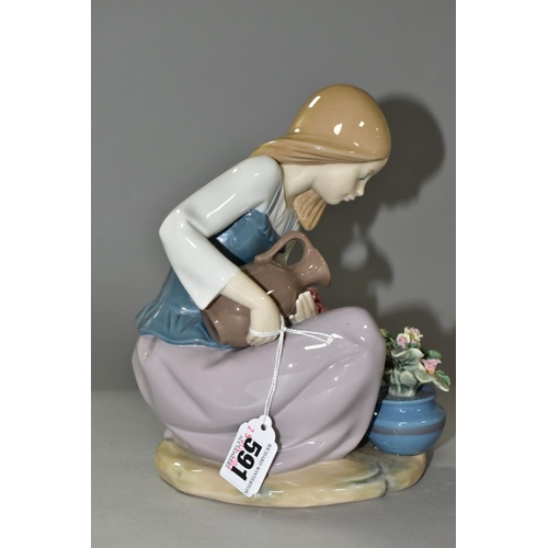 591 - LLADRO FIGURINE 'WATERING THE FLOWER POTS', a young girl is holding a pitcher of water to water plan... 