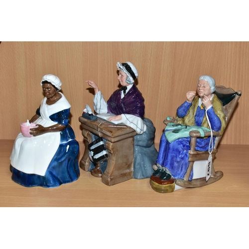 597 - THREE ROYAL DOULTON SEATED FIGURINES,  comprising 'Royal Govenor's Cook' HN2233, 'Schoolmarm' HN2223... 