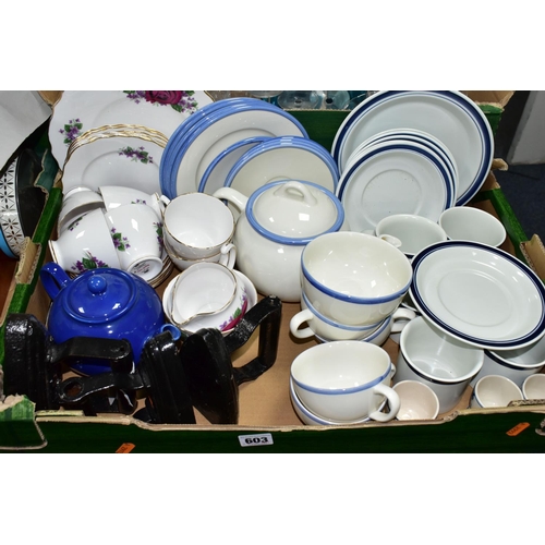 603 - TWO BOXES OF TEA WARES AND CUT GLASS ETC, to include six Royal Doulton Biscay cups and saucers, six ... 