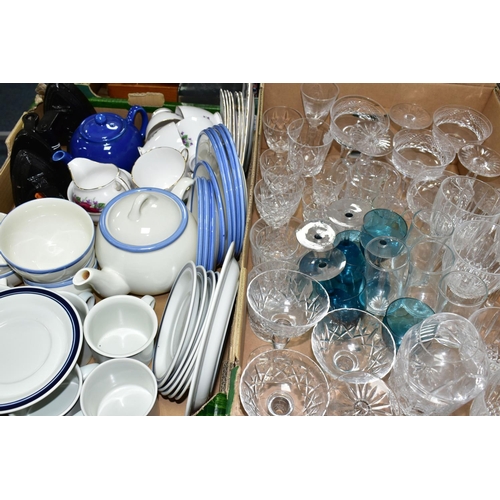 603 - TWO BOXES OF TEA WARES AND CUT GLASS ETC, to include six Royal Doulton Biscay cups and saucers, six ... 