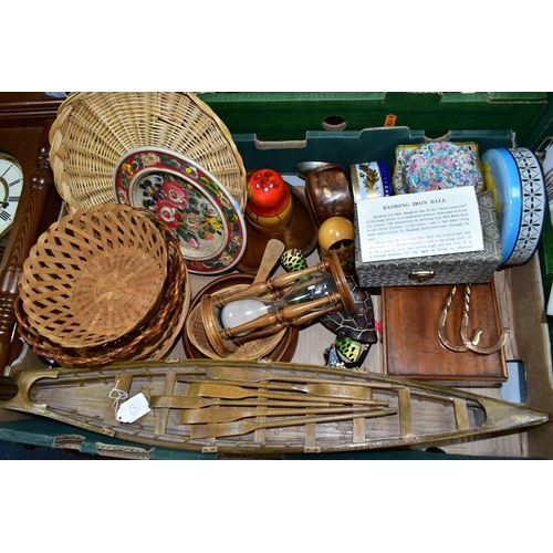 604 - TWO BOXES AND LOOSE SUNDRY ITEMS ETC, to include a wooden model of a rowing boat - possibly a Cornis... 